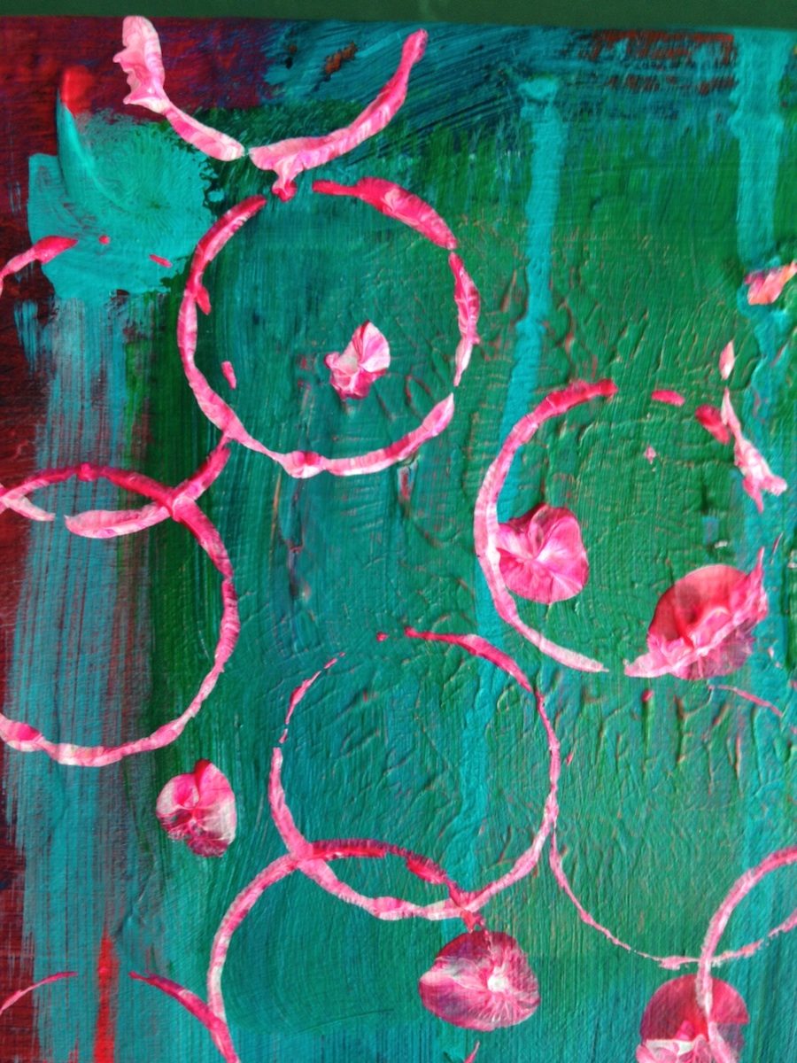 teal pink aqua green acrylic layered painting by jessica nichols