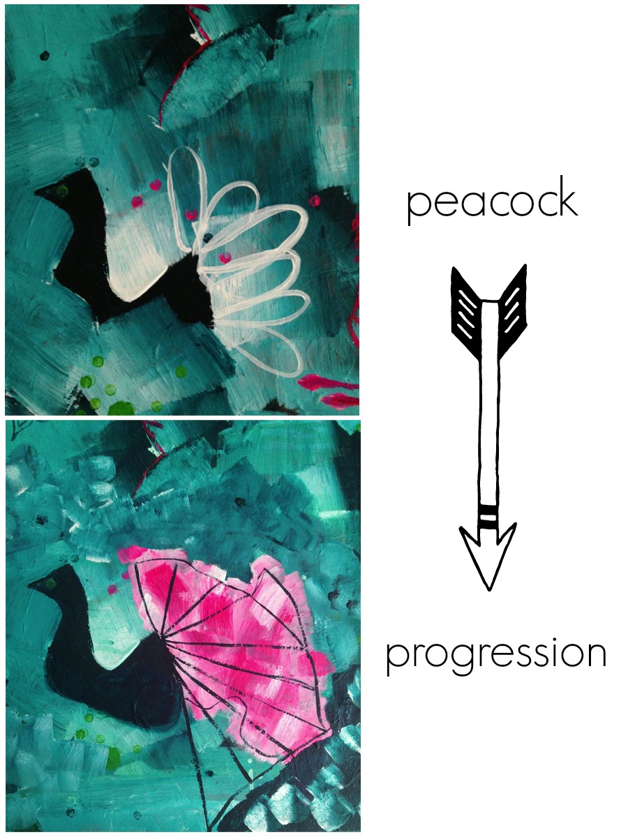 layered acrylic painting peacock imagery