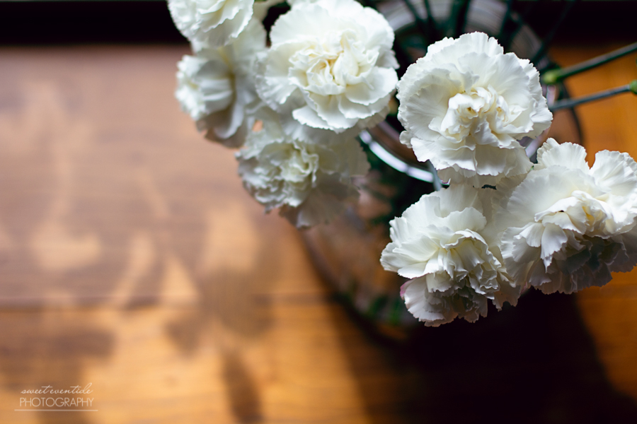 White carnations with shadows | photograph by Jessica Nichols, Sweet Eventide Photography