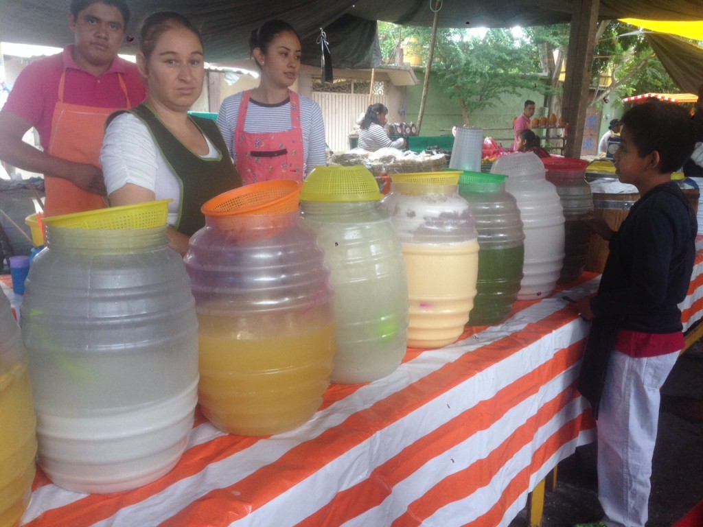 The line up of agua natural at market. The green one near the end is lemon - one of our favorites.