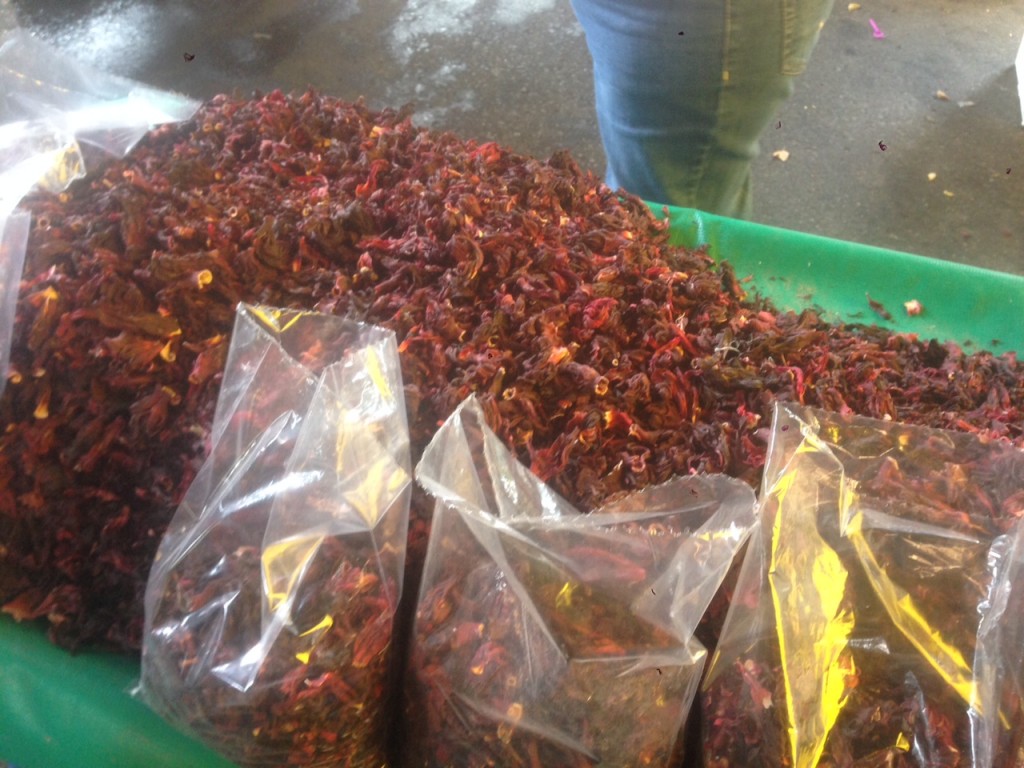 Bags of the dried hibiscus flower which are boiled to make tea and then cooled and served as jaimica juice.