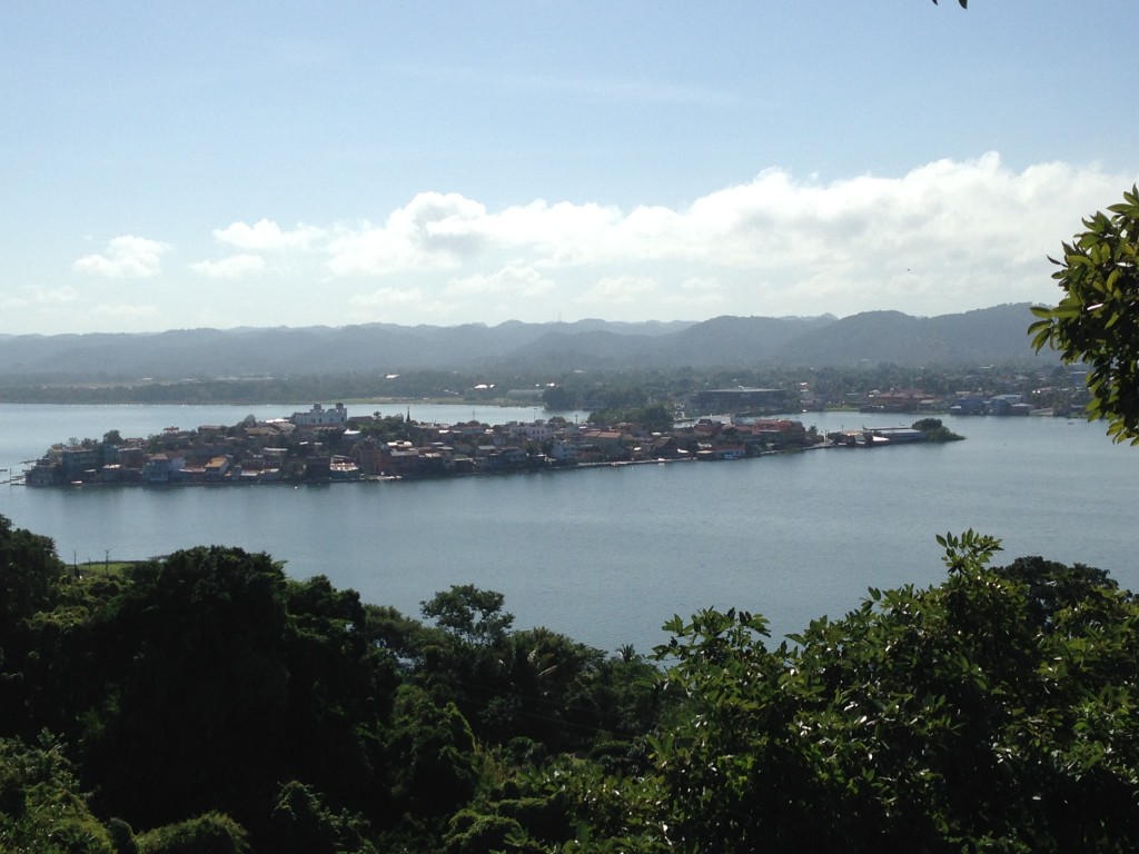 The island of Flores as seen from a mirador in the jungle around the town of San Miguel. San Miguel is on a peninsula across the lake from Flores.