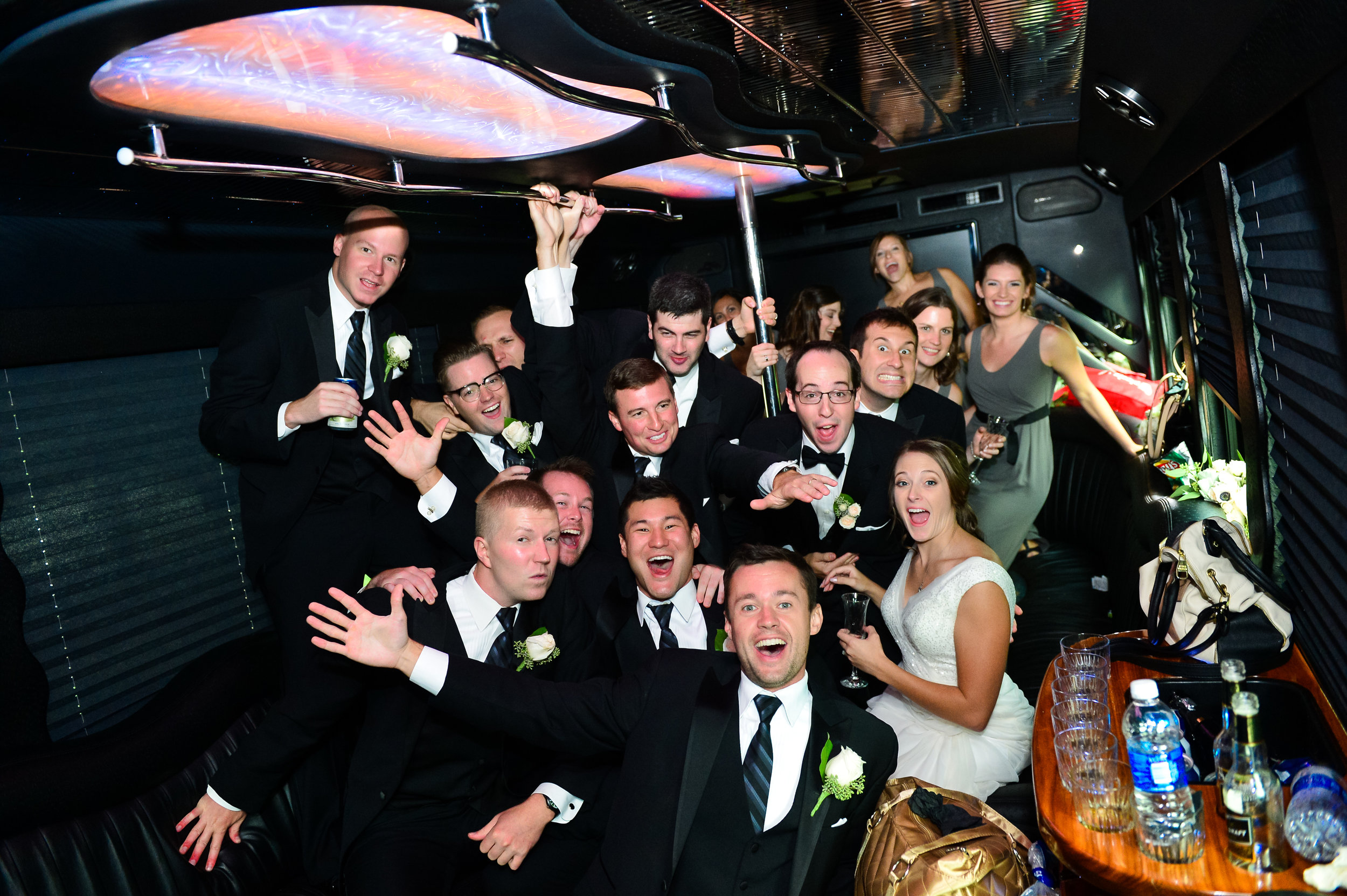 Wedding Party on party bus for their wedding reception. 
