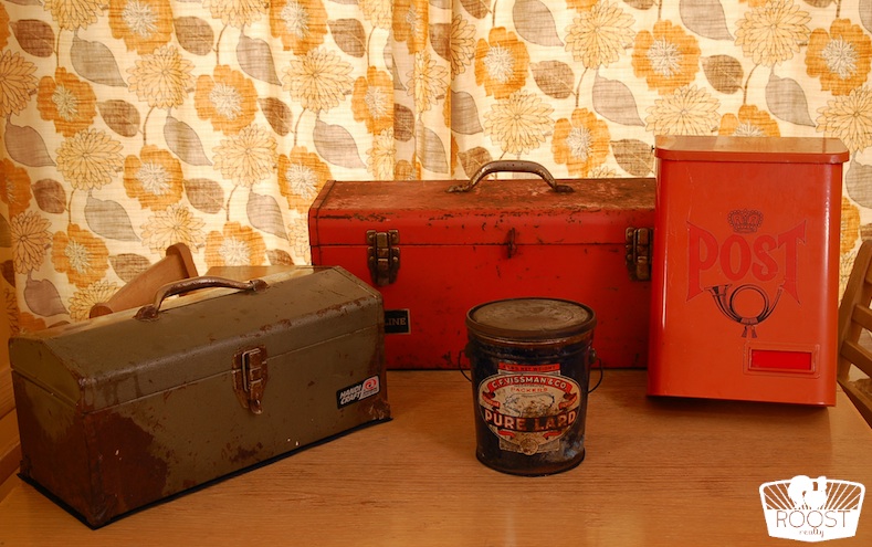 Vintage toolboxes, pale and mailbox.
