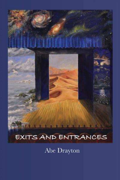 Cover art description: A theater with the front two rows of seats visible. There are three stage doors, with a strip of thick blue curtain above them, forming a top frame for the stage. The one on the left opens not to backstage, but to a seascape, with a few seaweed-covered rocks, and a couple flying seagulls. There are some clouds in the sky. The waves are sloshing through the doorway onto the stage, and the water is running down the left side of the stage into the audience. There is one seagull standing on the stage, looking across it. The middle door opens to a hot desert, with distant mountains beyond the dunes. Some of the sand has blown through the doorway onto the stage, extending one of the dunes through the doorway. The third door, on the left, opens to a field at night, with a few flowers in the grass. Not far from the door, the grass meets a body of water, with moonlight reflecting off of it. Beyond the water, is more grass, and a few trees. The night sky in the lefthand door has a moon and clouds, with stars above them. The stars climb up the side of the picture, fading over the strip of curtain, and into a space-scape over the whole picture. Sheets of green aurora light mingle with the stars on the right, and toward the left there are two spiral galaxies, and a glowing nebula.
