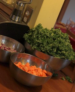 chopped kale and sweet potatoes