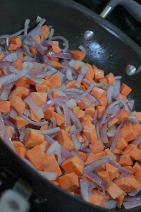 cooking sweet potatoes and onions