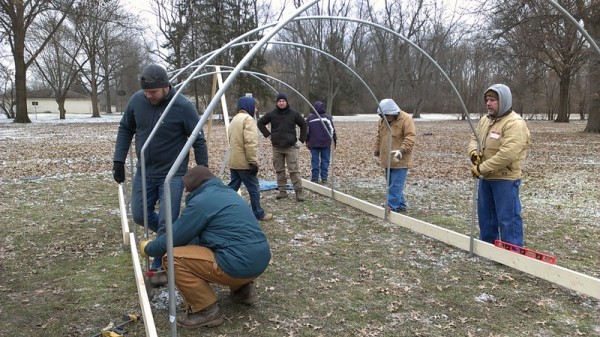 setting hoops into posts for hoop house