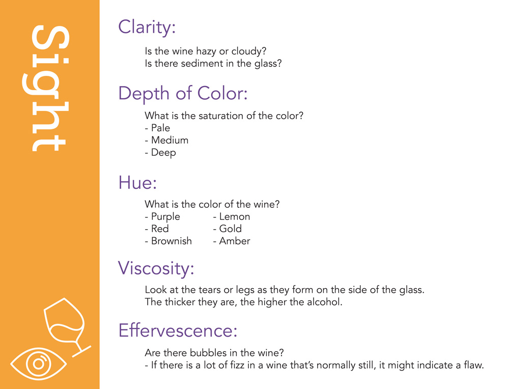 Sight Here are some elements to look for when evaluating the visual aspects of a wine. Clarity: is the wine hazy or cloudy? Is there sediment in the glass? (The answer to this question will almost always be “no.” Most wine is clear.) Depth of Color: what is the saturation of the color? Hue: what is the color of the wine? Is it purple, red, brownish, etc. Viscosity: look at the tears or legs as they form on the side of the glass. The thicker they are, the higher the alcohol. Effervescence: are there bubbles in the wine? Obviously, sparkling wine should have bubbles and many still wines can have a very slight effervescence, but if there is a lot of fizz in a wine that’s normally still, it might indicate a flaw.