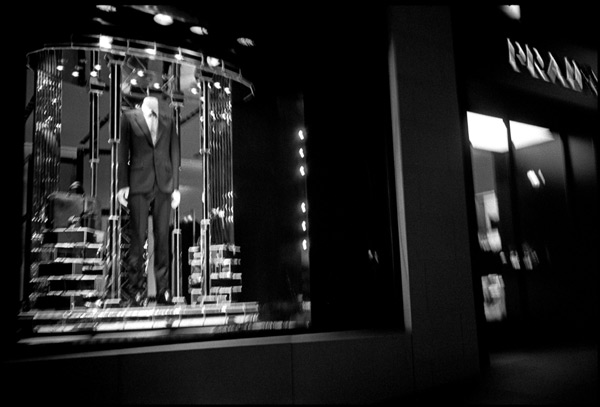 Black and white photograph, prada storefront, san francisco
