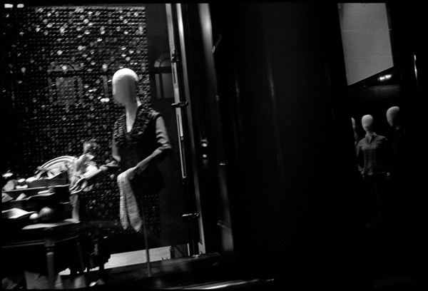 black and white photograph: prada storefront, san francisco