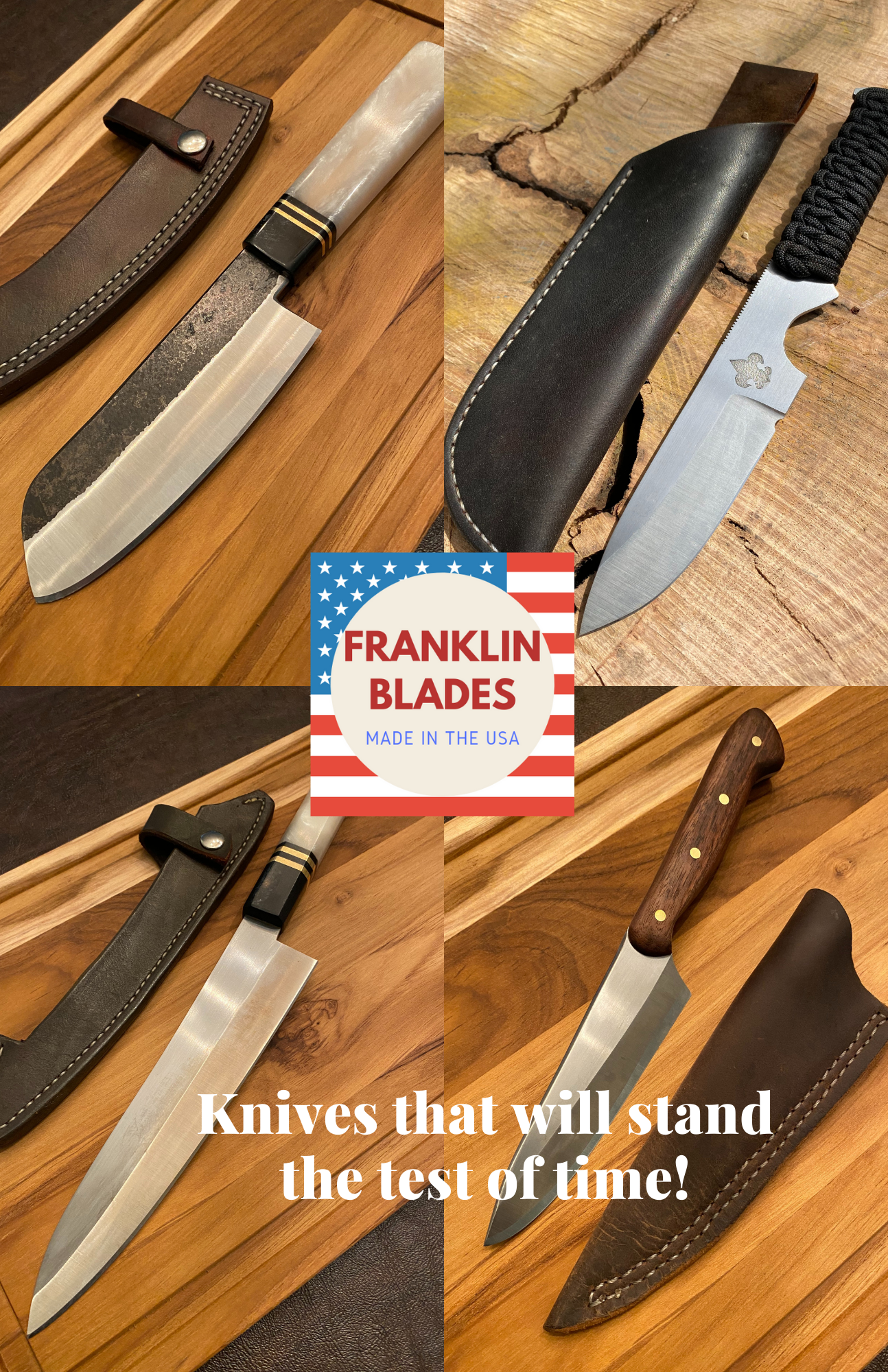 Franklin handmade knives-carbon-stainless steel-(Free handcrafted leather  sheaths) 100% made in America