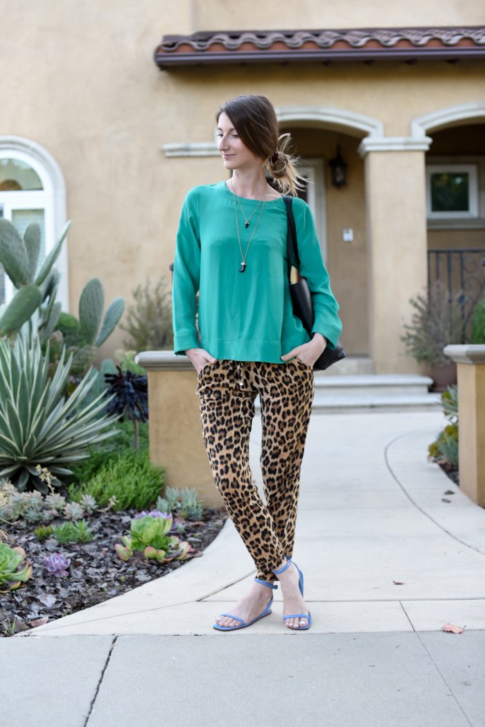 ThreadUp Outfit: Zara Leopard Print Pants + J.Crew Bright Green Top — zory  mory