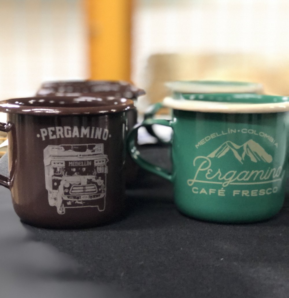 Tin coffee mugs from Pergamino at a Colombian micro lot specialty coffee cupping event at The Lab by Royal New York