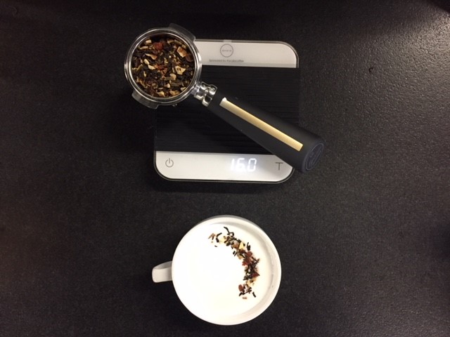 Specialty tea on a scale being prepared to make a tea latte at The Lab by Royal New York