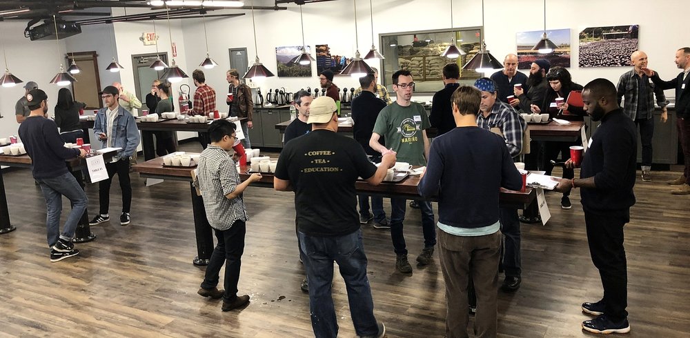  A photo from one of Royal New York's regular Micro Lot Cupping events.  These events can involve 3 to 4 cupping flights and 30+ attendees.  It takes multiple people to make this event happen smoothly, but it gets easier every time and is always a success!  