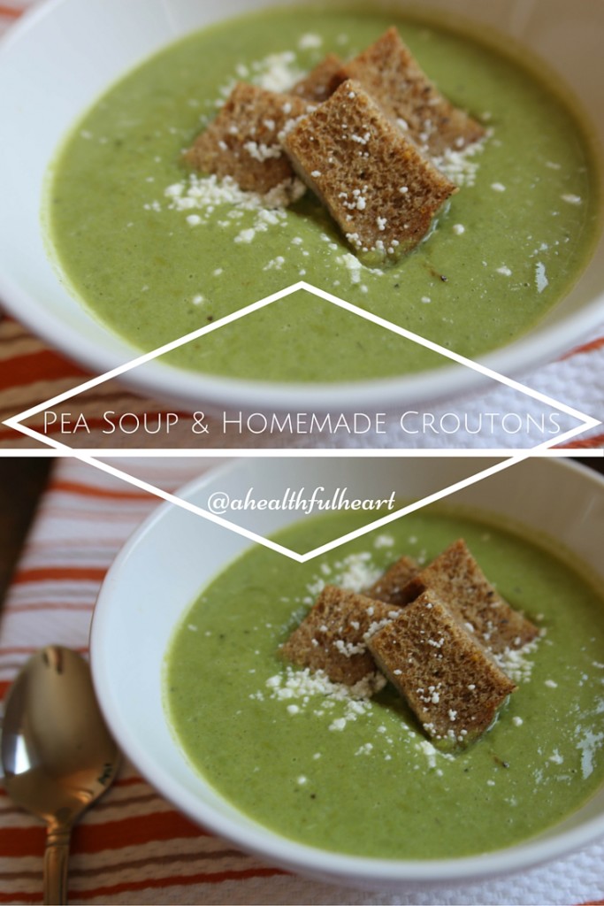 Easy Pea Soup & Homemade Croutons via ahealthfulheart.com. So creamy and delicious + packed with fiber to keep you full!
