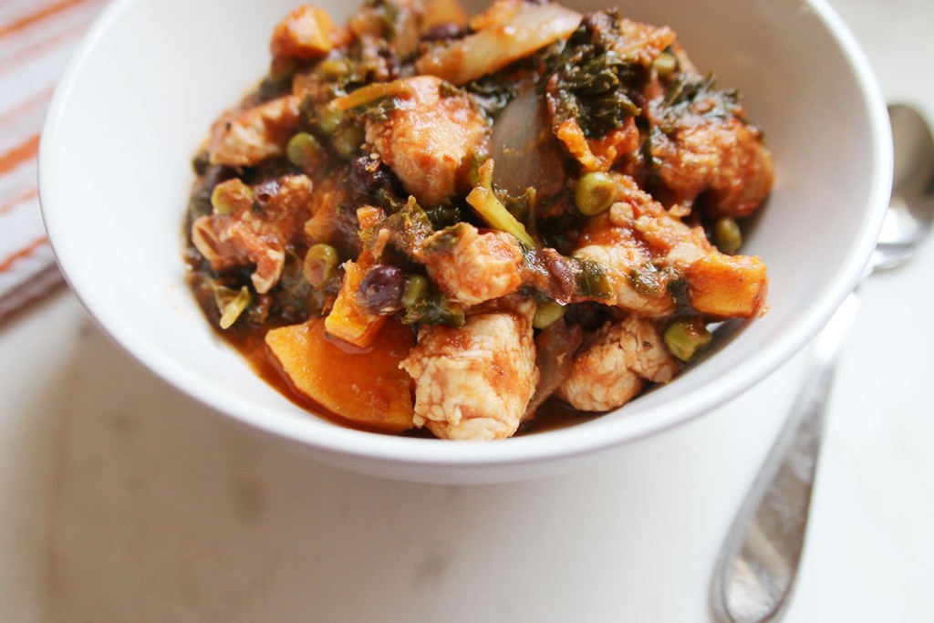 Sweet Potato, Kale & Chicken Stew via ahealthfulheart.com - an Indian inspired stew with aromatic flavors of garam massala, paprika and cumin.
