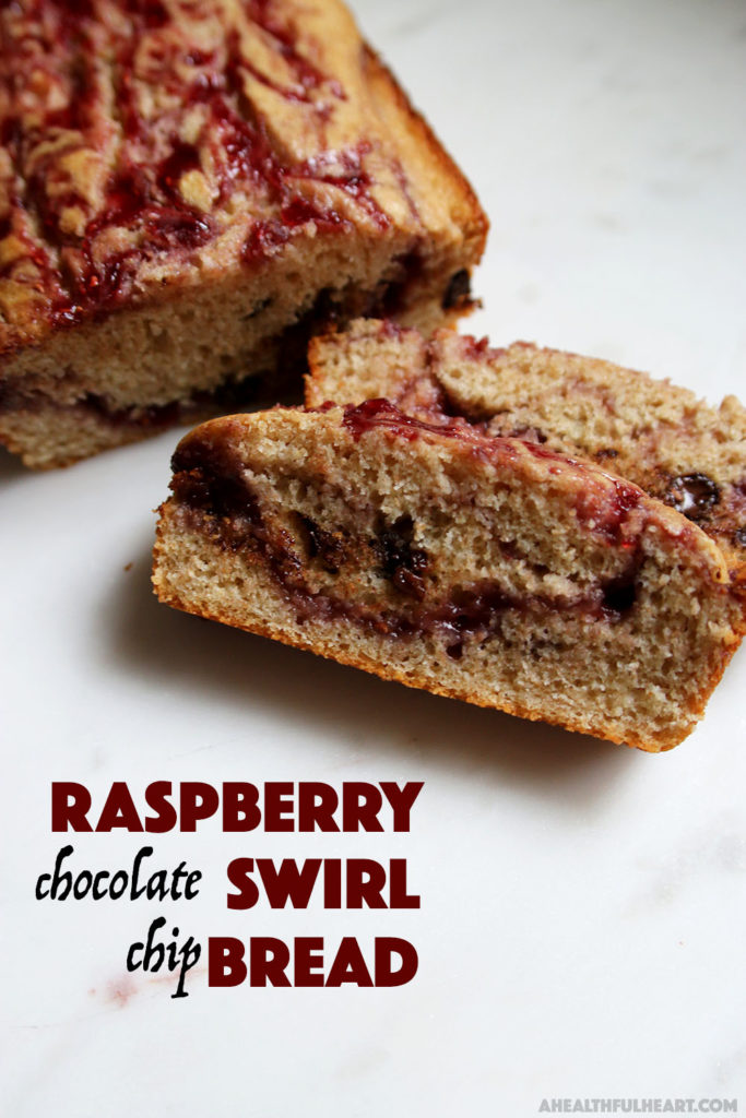 Raspberry Swirl Chocolate Chip Bread via ahealthfulheart.com