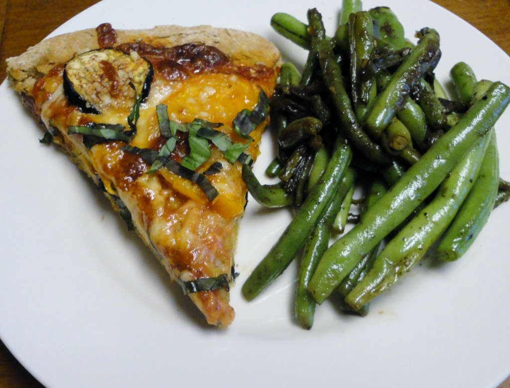 Eggplant, Tomato, and Basil Pizza with Sauteed Green Beans