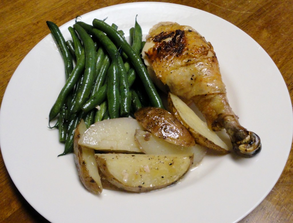 Spatchcock Chicken with Roasted Potatoes and Sauteed Green Beans