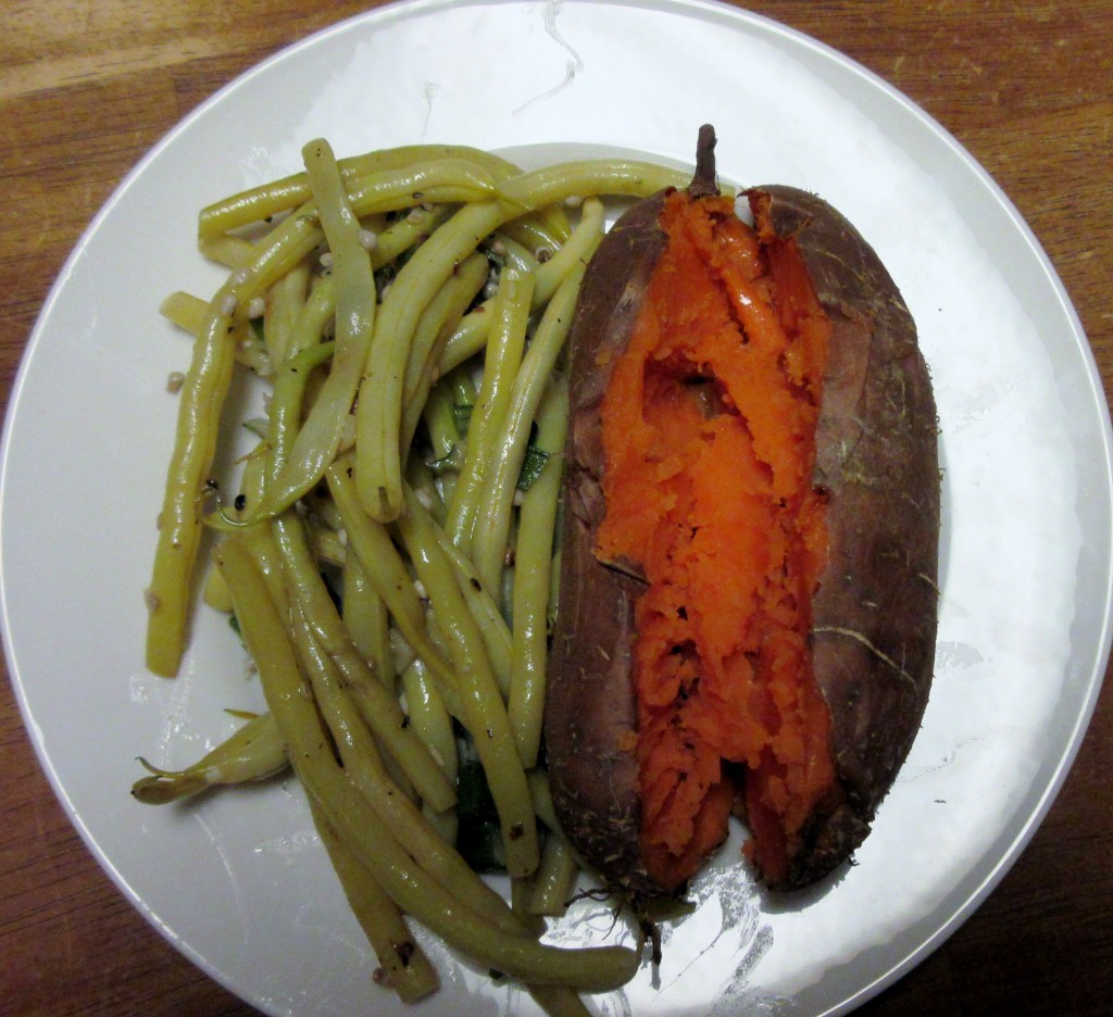 Baked Sweet Potatoes with Sauteed Yellow French Filet Beans and Okra