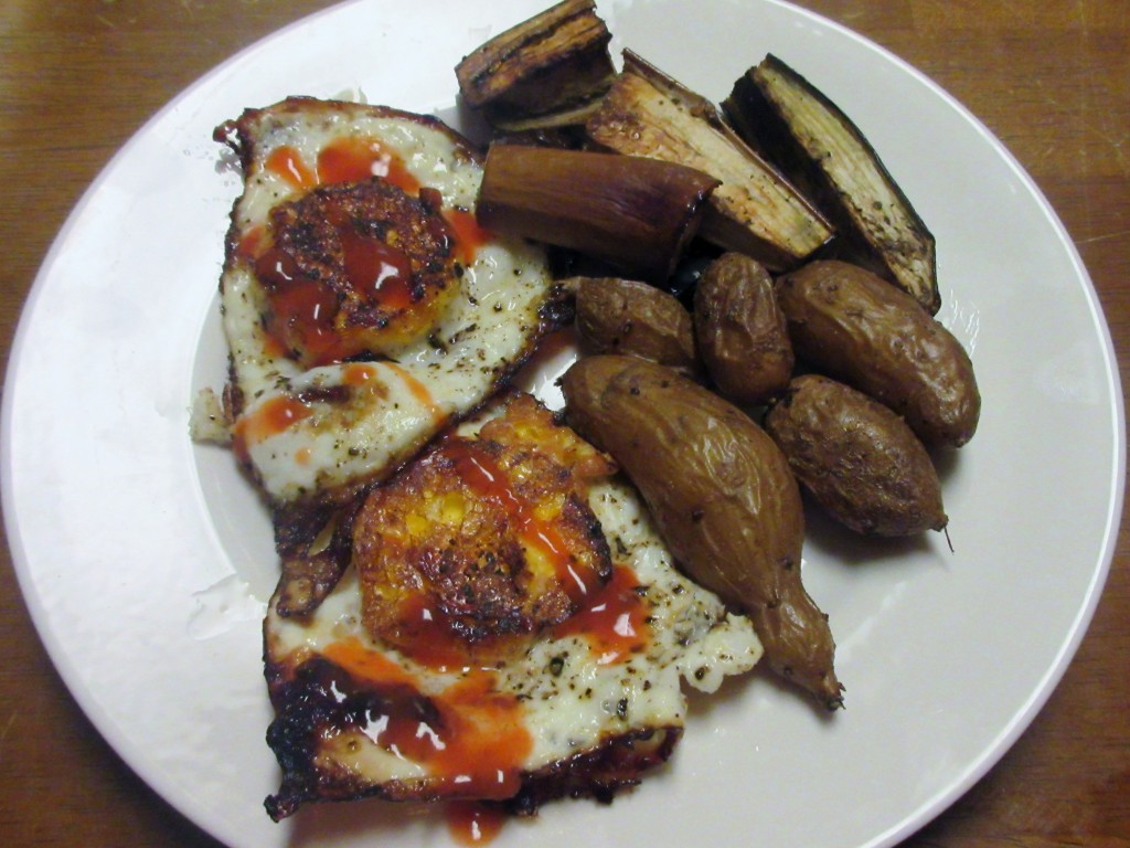 Fried Eggs with Roasted Eggplants and Fingerling Potatoes