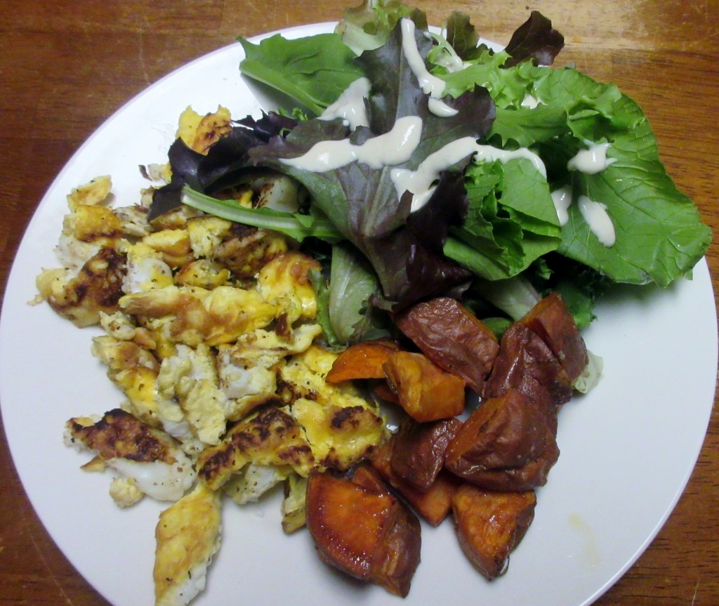 Scrambled Eggs, Roasted Sweet Potatoes, and Salad with Lemon-Garlic Tahini Dressing