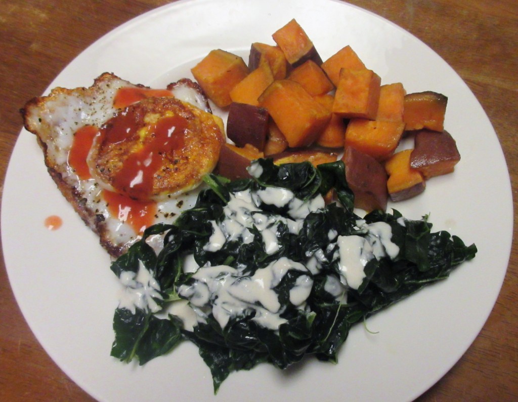 Fried Egg with Kale Salad and Roasted Sweet Potatoes