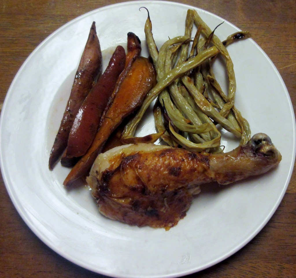 Honey Mustard Roasted Chicken with Sweet Potato Fries and Roasted Roc d'Or Beans