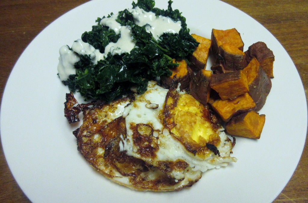 Fried Eggs with Kale Salad and Roasted Sweet Potatoes