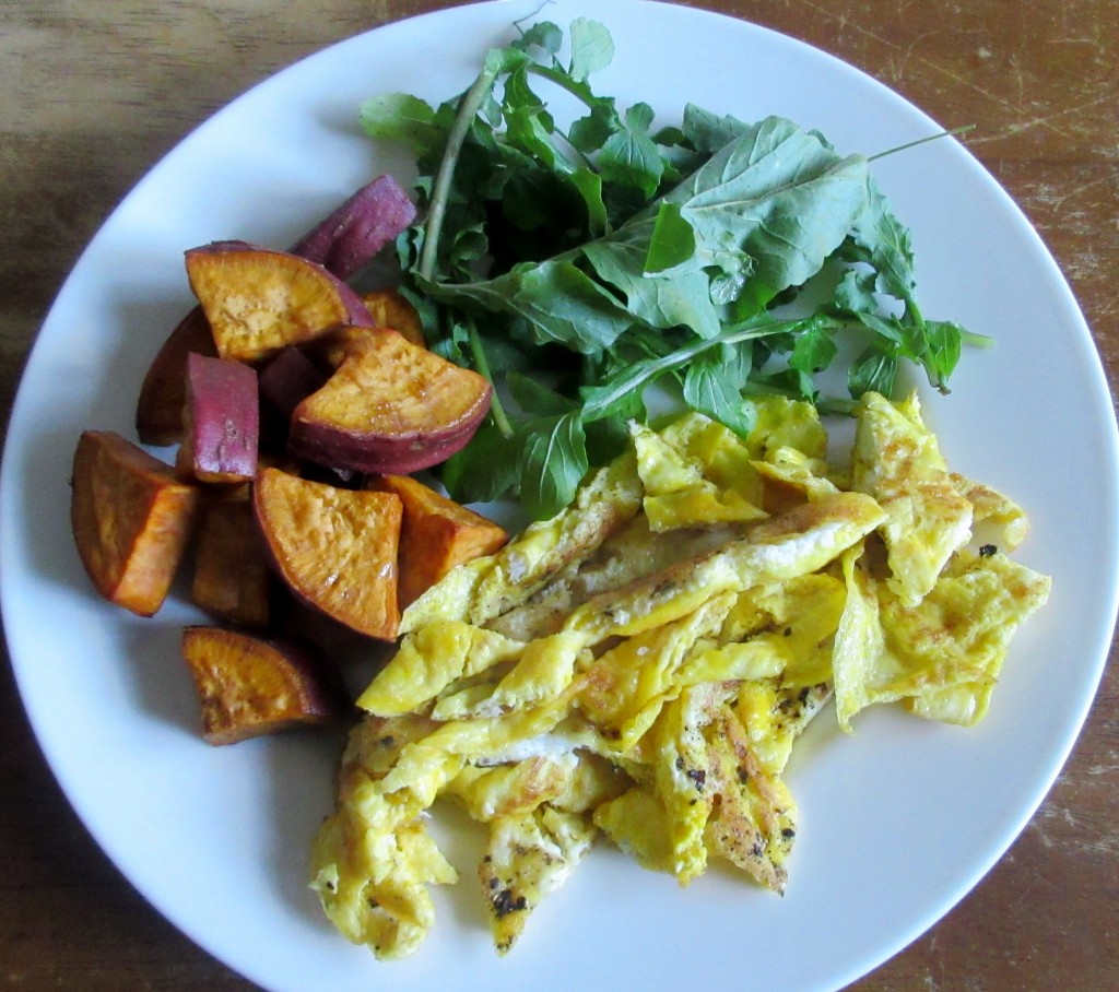 Scrambled Eggs with Roasted Sweet Potatoes and Arugula Salad