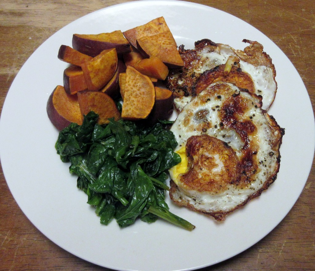 Fried Eggs with Roasted Sweet Potatoes and Sauteed Greens