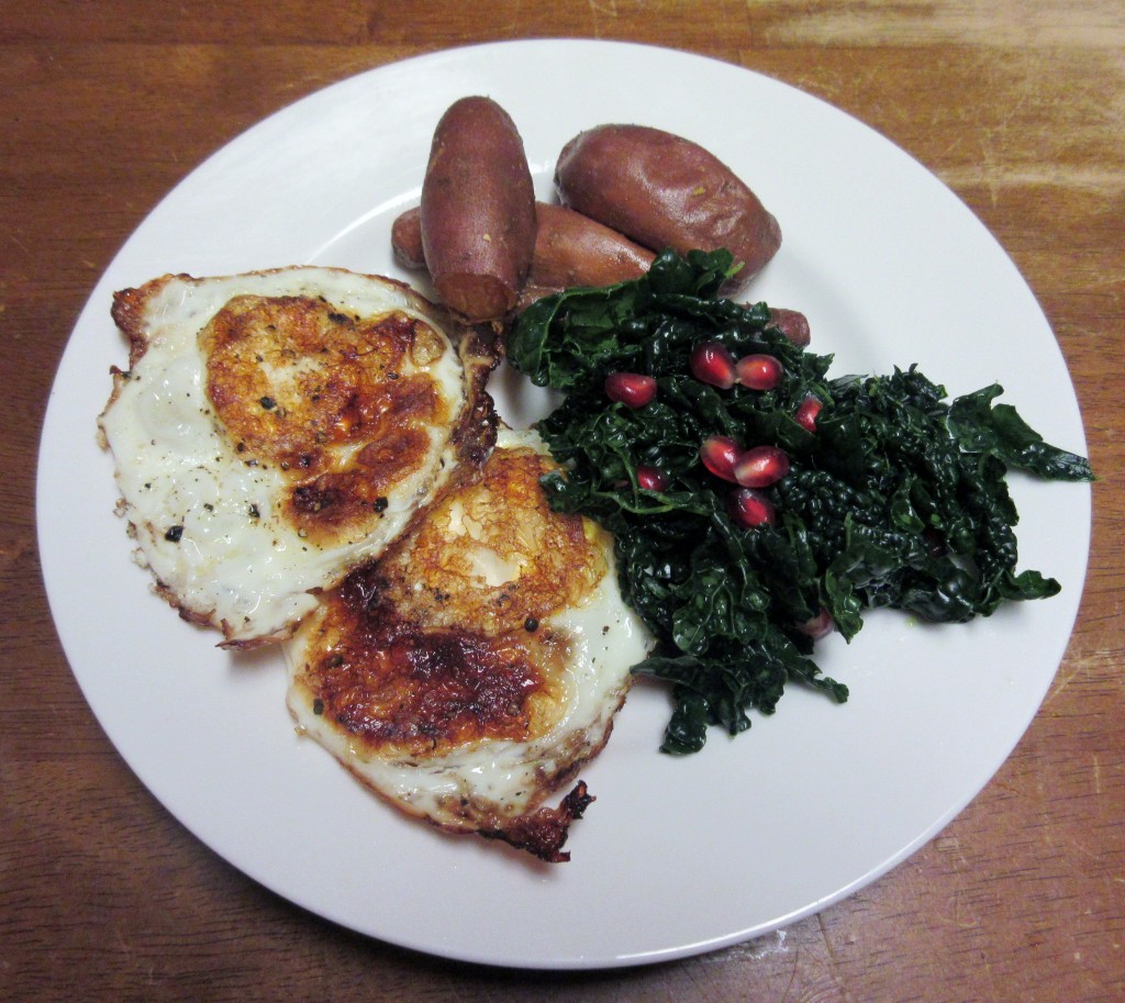 Fried Eggs with Kale Salad and Roasted Baby Sweet Potatoes