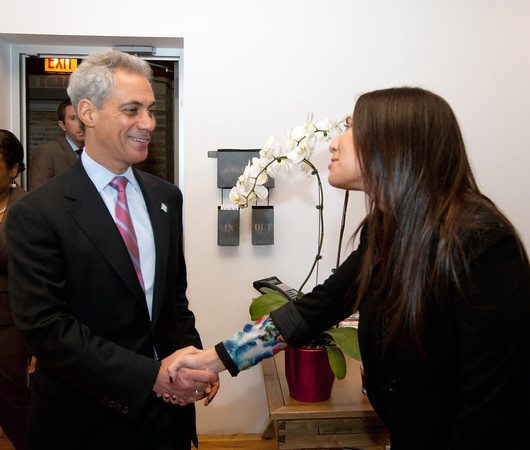Zapwater VP Annie Block welcomes Mayor Emanuel to our West Loop Office