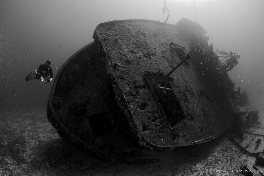 The shipwreck El Aguila in Roatan, Honduras while deep diving with coconut tree divers in west end.