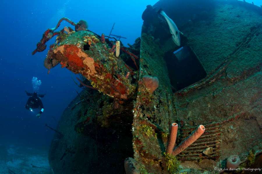 a shipwreck in Roatan, Honduras in the caribbean sea with a sidemount diver along side it.