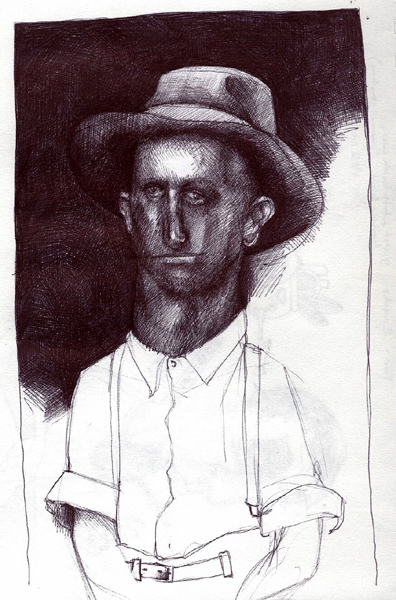 Hat Man, ink sketch by Sarah Atlee
