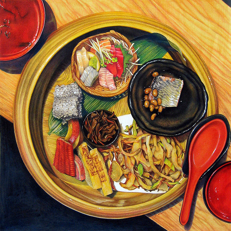 Lunch at Sakagura. Acrylic and prismacolor pencil on paper, 22 x 22" (26 x 26" framed), by Sarah Atlee.