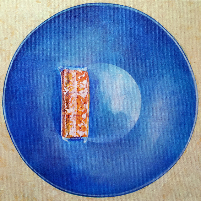 Crackers and Blue Bowl. Acrylic on canvas, 12 x 12 inches, by Sarah Atlee