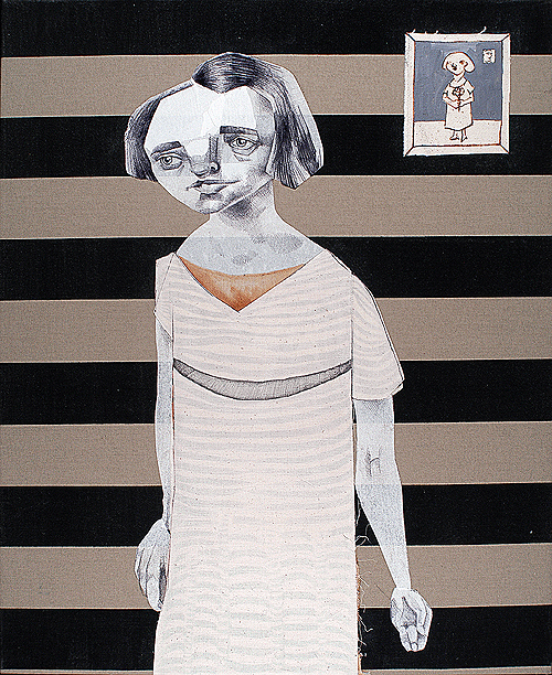 Stripey Lady. Mixed media on found fabric, 2005 by Sarah Atlee.