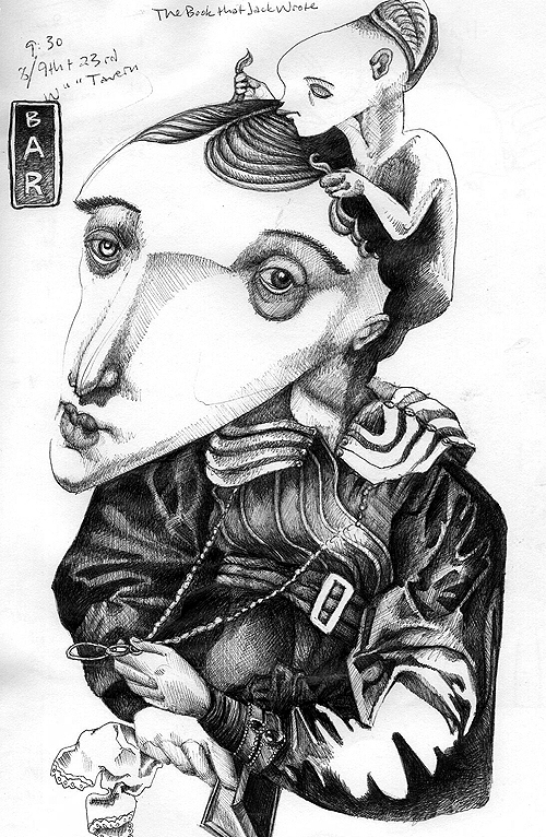 Mask Lady 2. Ink on paper (sketchbook page), 2005-06 by Sarah Atlee.