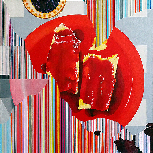 Turn Left for Tamales. Acrylic on canvas, 20 x 20 inches, 2016 by Sarah Atlee. Learn more at www.sarahatlee.com. Part of the Glitch Still Life series created for exhibition at Cerulean Gallery, Amarillo, Texas.