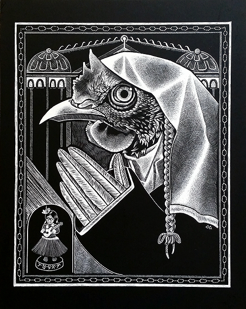 All Things Fowl. Scratchboard, 10 x 8 inches, 2016 by Sarah Atlee