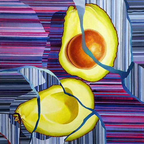 Avocado: Cracked. Acrylic on canvas, 18 x 18 inches, 2016 by Sar