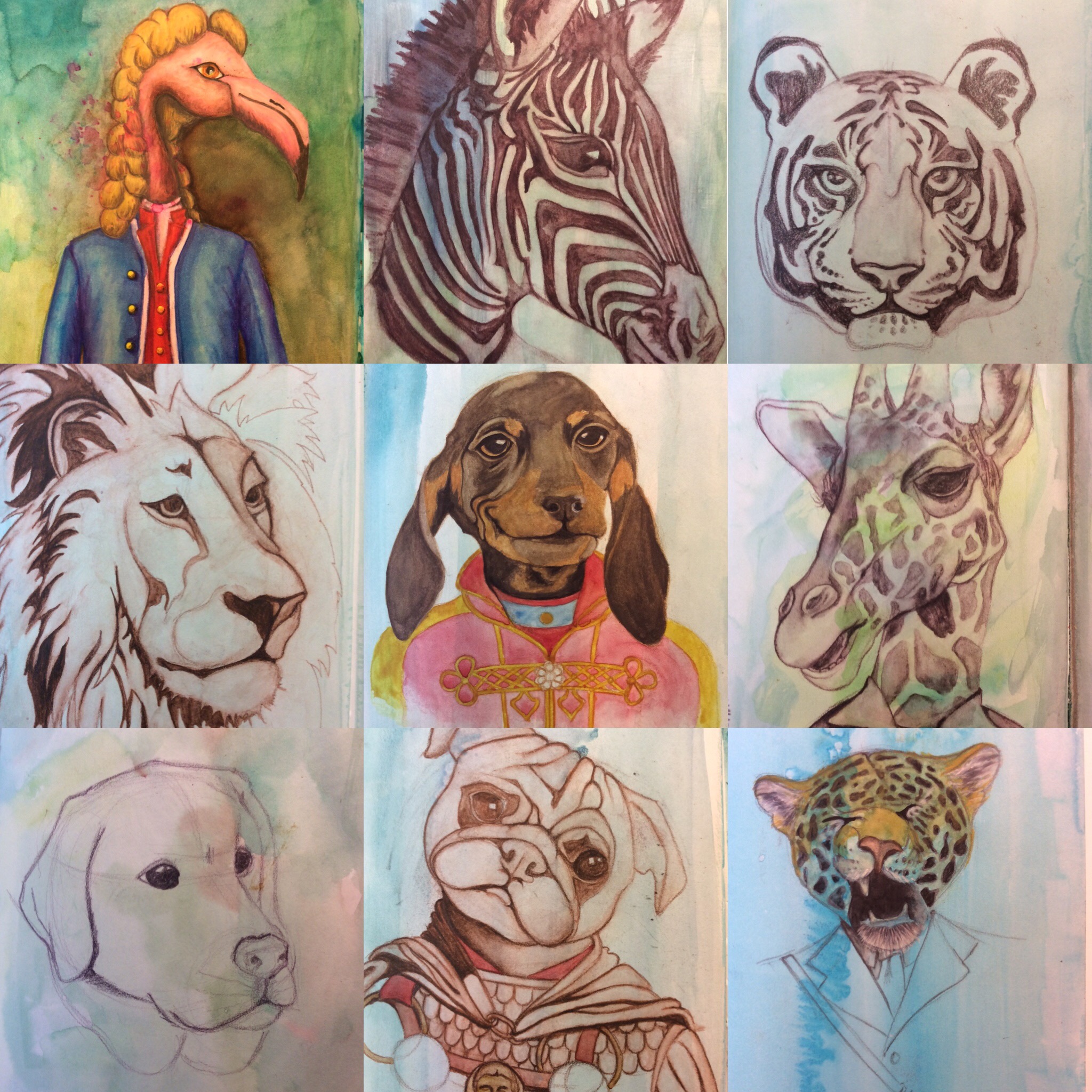 Anthropomorphism, Zebra, Tiger, Dog, Flamingo, Historical, Watercolour, Mixed Media, Watercolor, Sketchbook