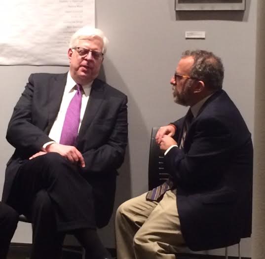 Associate Professor of Biblical Studies at King's, Dr. Noel Rabinowitz (right) visits with Prager (left) after the panel discussion Monday night. Photo by Megan Phelps.