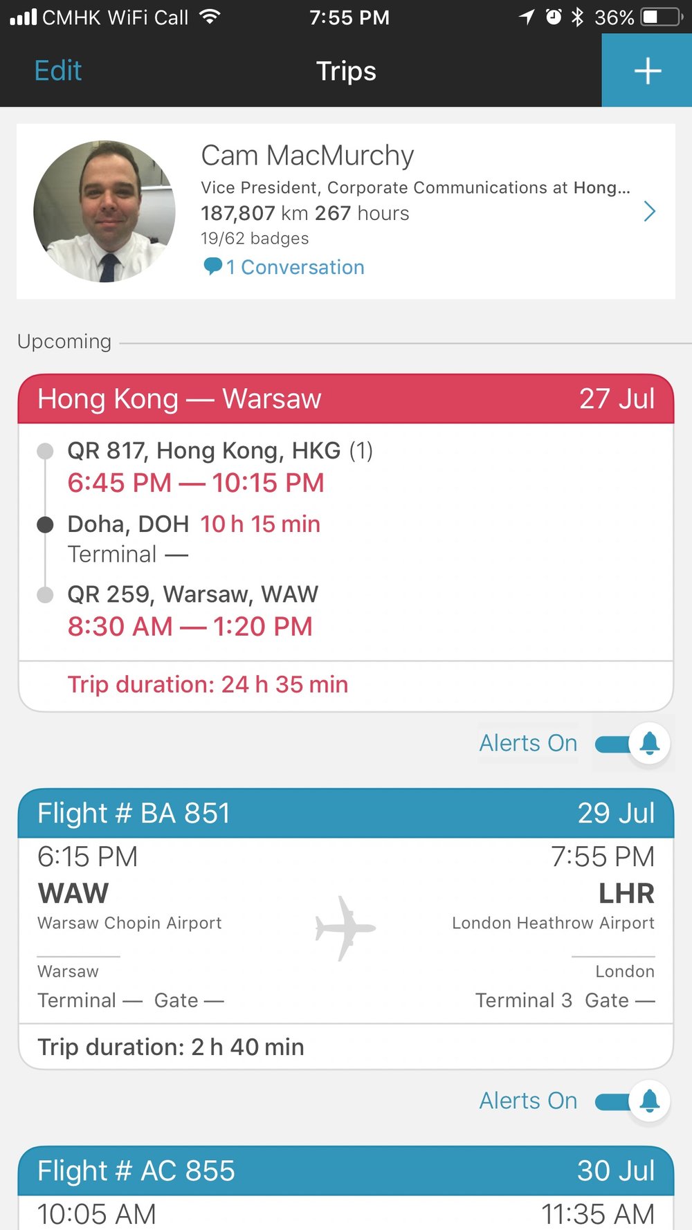  App in the Air showing my upcoming flights. 