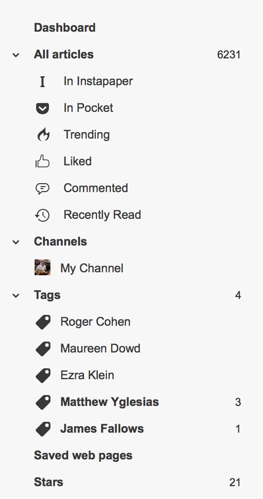  Options that sit above your subscriptions in Inoreader. 