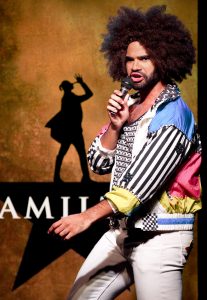Nicholas Edwards plays Hamilton star Daveed Diggs, the actor who plays Thomas Jefferson and the Marquis de Lafayette in "Hamilton." Top, from left: Chris Anthony Giles, Dan Rosales, Juwan Crawley and Nora Schell fill out the cast of "Spamilton."